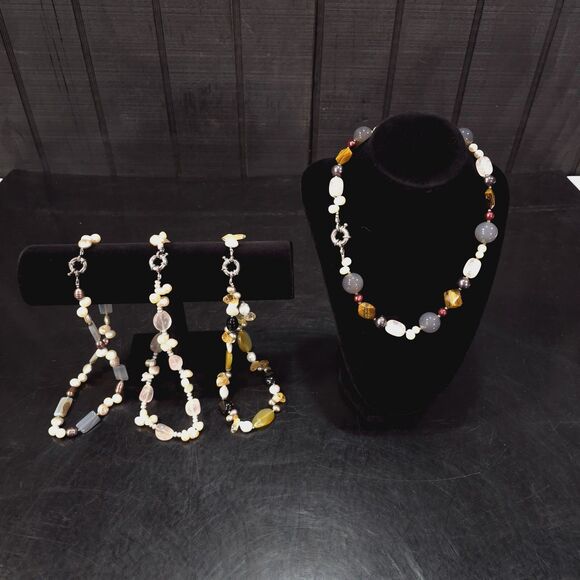 (4) Gemstone Agate Chunky Necklaces Set Statement Tigers Eye Pearls Rose Quartz - Picture 2 of 16